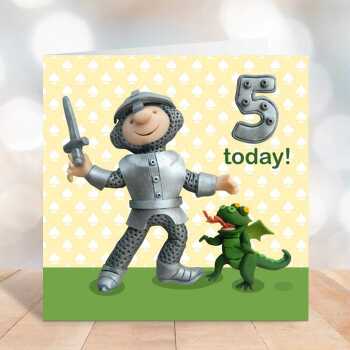 Birthday boy age 5 in a knight costume - child's age birthday - designed by Erica Sturla - 15cm square and blank inside, made in the UK