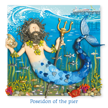 Holy Mackerel poseidon of the pier merman themed blank greeting card - designed by artist Erica Sturla - 15cm square and blank inside for your own message