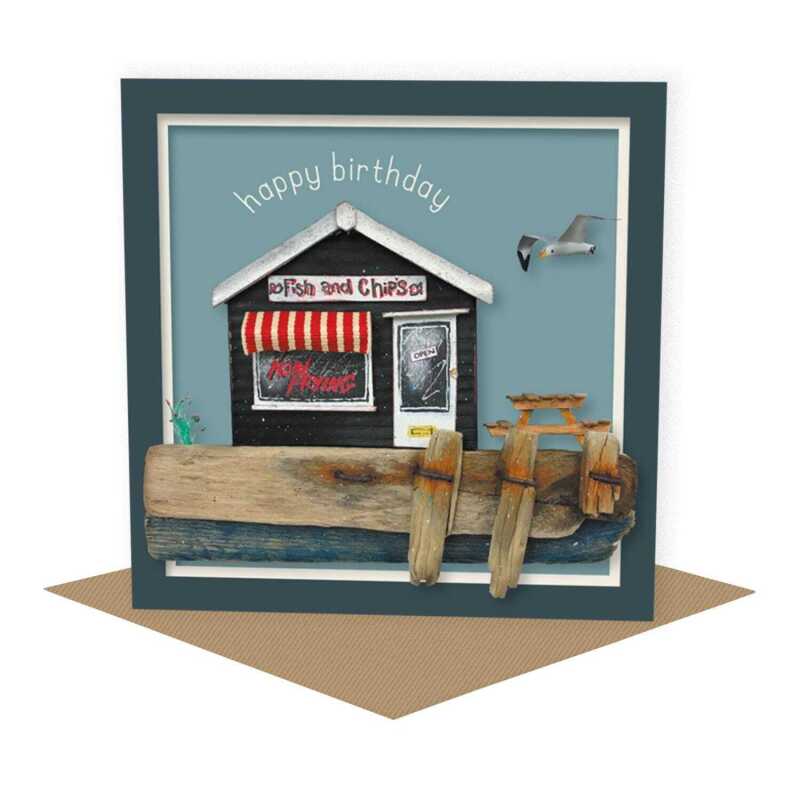 Now frying - quayside chippy themed birthday card - designed by Seth Draper - 15cm square and blank inside, made in the UK