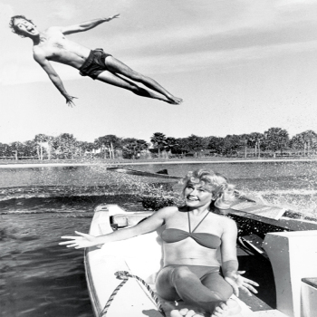 Holy Mackerel speedboat and waterskier retro black and white photographic card featuring a vintage image of some dramatic watersports - 12.6 x 17.7cm and blank inside