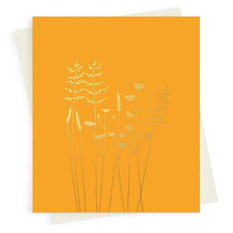 A floral greeting card with buttercups & grasses embellished with gold foil -  designed by artist Eloise Hall - 15.7 x 11cm and blank inside