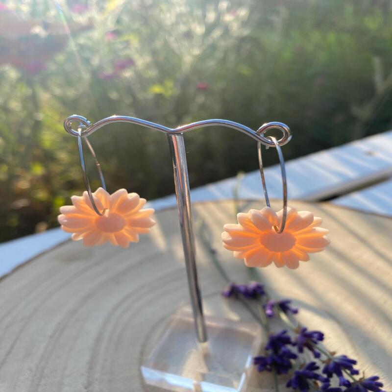 Pink Clay Flower Dangle Earrings: Boho Nature-Inspired Jewelry - silver - small