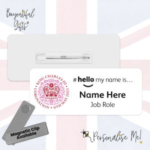 #hello my name is... Name Badge - King Charles III Coronation Day May 2023 Official Emblem - Red