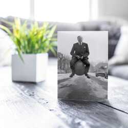 Space hopper, vintage photographic card featuring Stanley Tozer bouncing - 12.6 x 17.7cm and blank inside - made in the UK