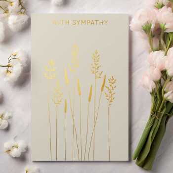 With Sympathy card embellished with gold foil grasses -  designed by artist Eloise Hall - 15.7 x 11cm and blank inside