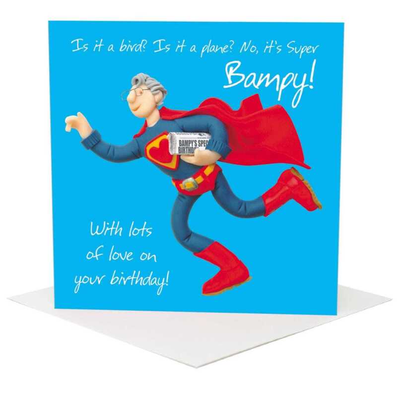 Super Bampy birthday card for a grandad - designed by Erica Sturla - 15cm square and blank inside, made in the UK