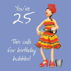 Holy Mackerel Birthday Bubbles female 25th birthday card designed by Erica Sturla, for sister, daughter, wife, niece etc. Card is 15cm square and blank inside for your own message