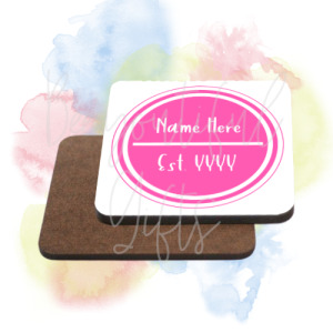 Personalised Est. Brightly Coloured High Gloss Square Coaster - Pink