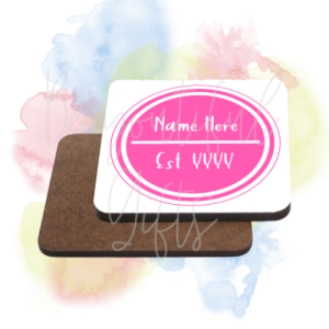 Personalised Est. Brightly Coloured High Gloss Square Coaster - Pink