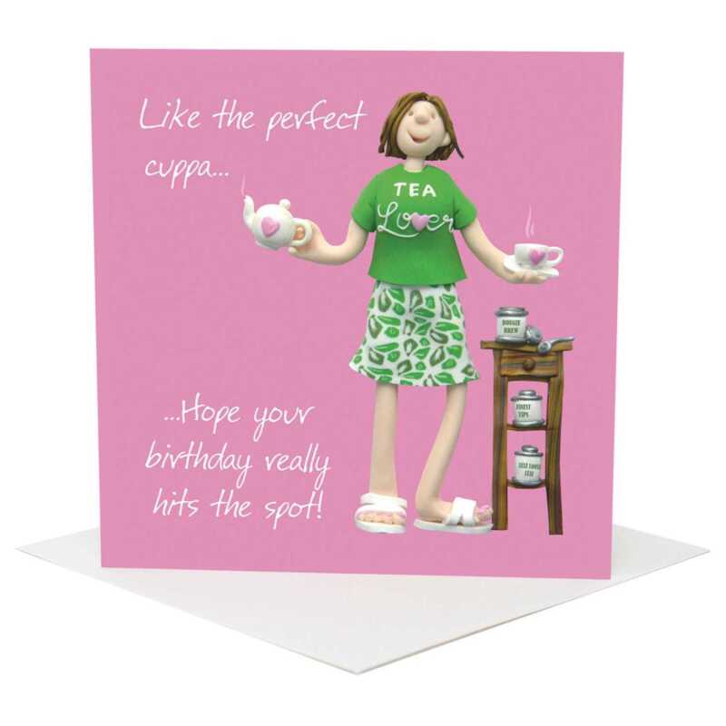Funny Tea Lover Birthday Card for Her - Perfect Cuppa - Polymer Clay Art by Erica Sturla UK