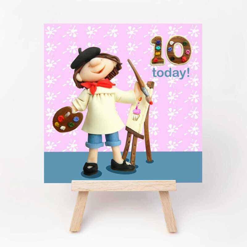 Birthday girl age 10 painting like an artist - child's age birthday - designed by Erica Sturla - 15cm square & blank inside, made in the UK