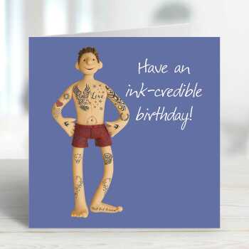 Tattoo birthday card for him - designed by Erica Sturla - 15cm square and blank inside, made in the UK