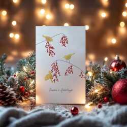 Birds and winter berries Christmas card -  designed by Eloise Hall - 15.7 x 11cm and blank inside, made in the UK
