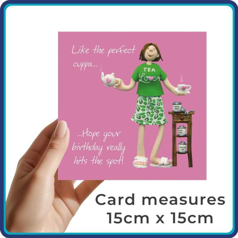 Funny Tea Lover Birthday Card for Her - Perfect Cuppa - Polymer Clay Art by Erica Sturla UK