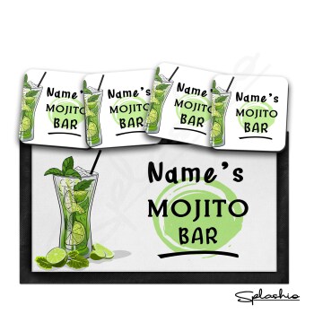 Personalised Bar Runner Mat, Cocktail Bar MOJITO Beer Mats & 4 x Drinks Coasters Gift Set Garden Bar Sets/ Personalised Mats Mojito Cocktail