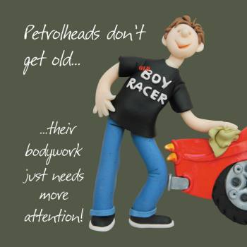 Holy Mackerel Petrolheads birthday card - a male car and driving themed birthday card by Erica Sturla with an image of one of her polymer clay figures - 15cm square and blank inside - made in the UK