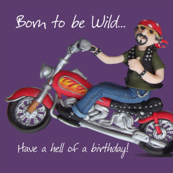 Holy Mackerel born to be wild motorbike themed male birthday card for him - designed by artist Erica Sturla - 15cm square and blank inside for your message - made in the UK