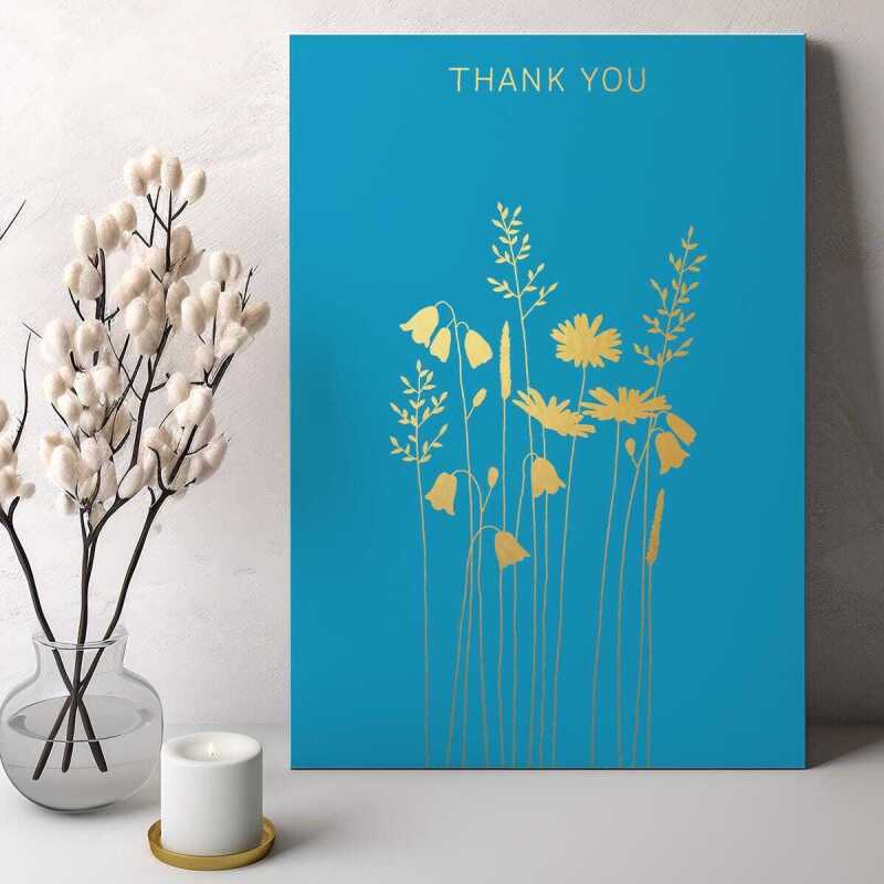 Harebells and Daisies Thank you card embellished with gold foil -  designed by artist Eloise Hall - 15.7 x 11cm and blank inside