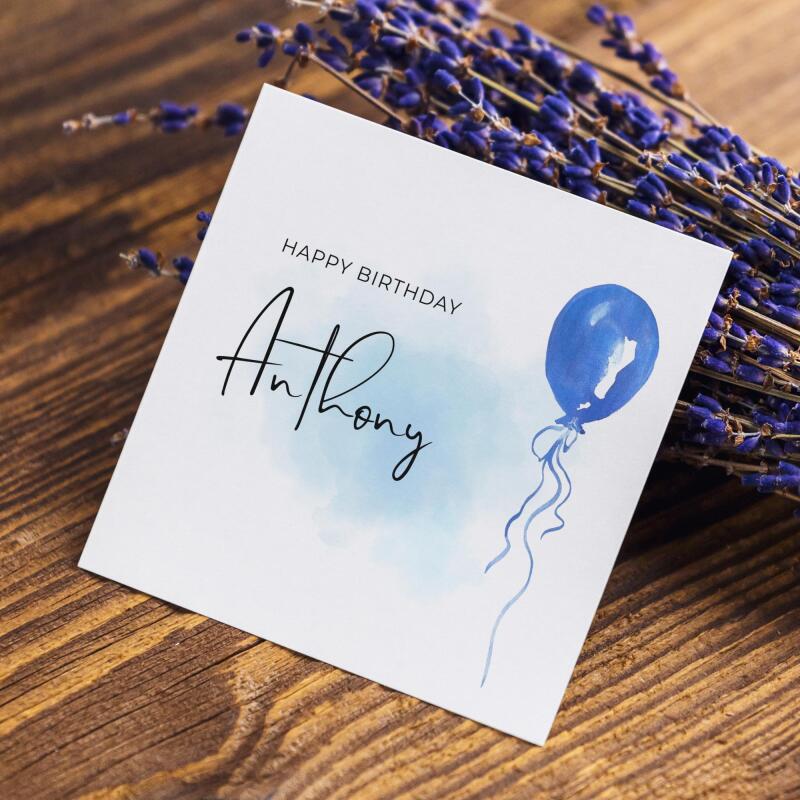 Birthday blue balloon card personalised design custom name script soft handmade greeting - Smooth No Message - Kraft Brown
