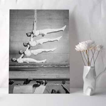 Four suspended gymnasts - vintage black and white themed card - 12.6 x 17.7cm and blank inside - made in the UK