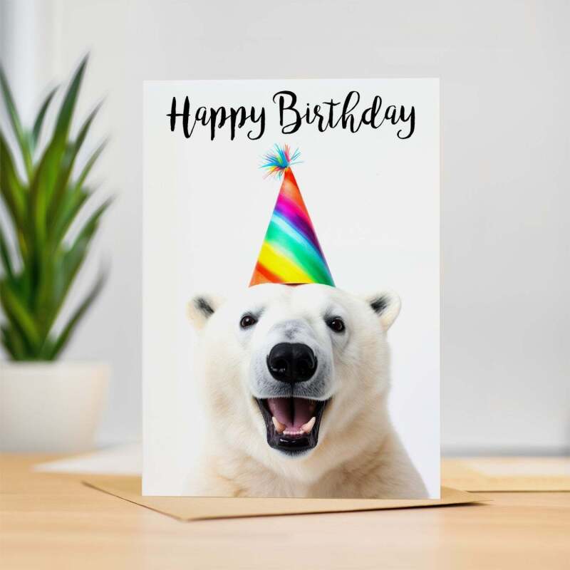 Birthday Card For Him or Her Fun Birthday Card of A Polar Bear Happy Birthday Card For Mum, Dad, Sister Brother - Large (5x7) / Blank Message