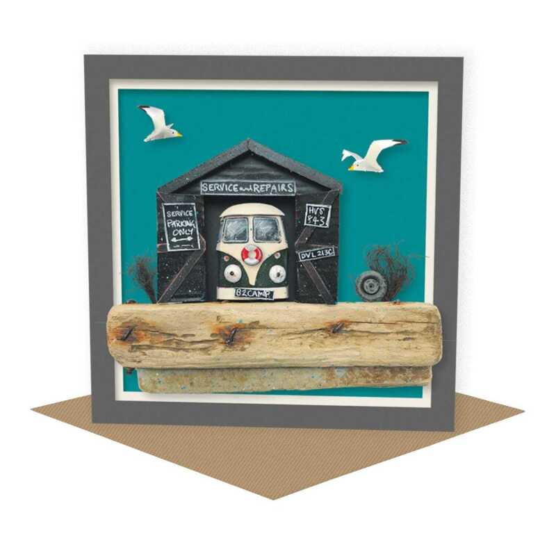 Camper repairs - seaside themed garage blank card - designed by Seth Draper - 15cm square and blank inside, made in the UK