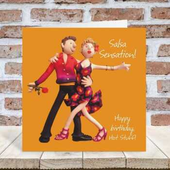 Salsa sensation birthday card for a dancer - designed by Erica Sturla - 15cm square and blank inside, made in the UK