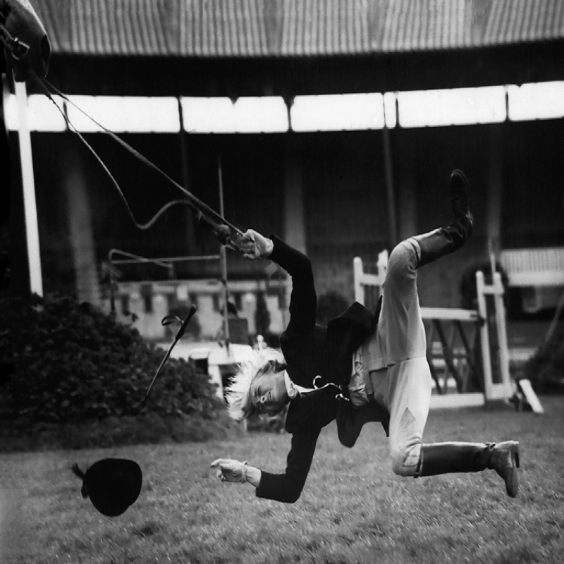 Holy Mackerel unexpected dismount retro black and white photographic card featuring a vintage image of a rider falling off her horse - 12.6 x 17.7cm and blank inside