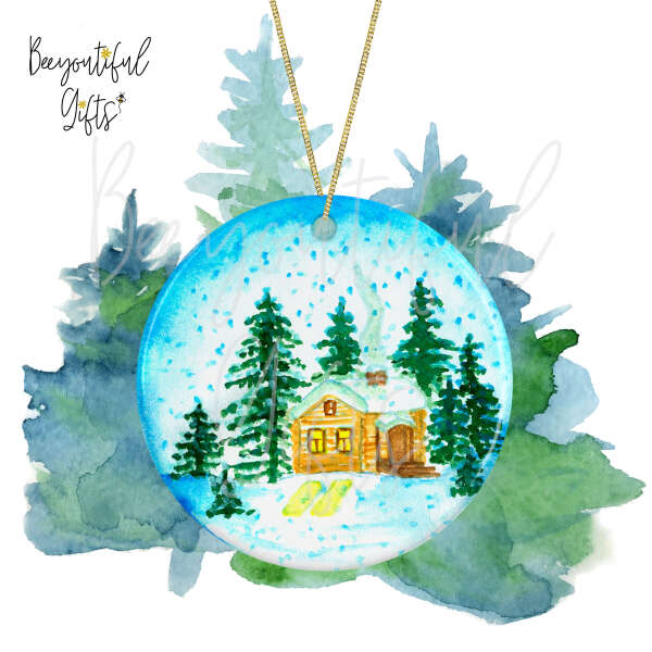 Ceramic Christmas Tree Decoration - Watercolour Christmas Cabin Scene