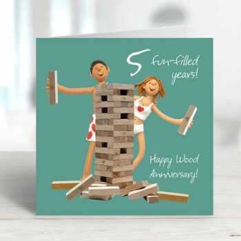 Fun 5th anniversary card (wood anniversary) - designed by Erica Sturla - 15cm square and blank inside, made in the UK