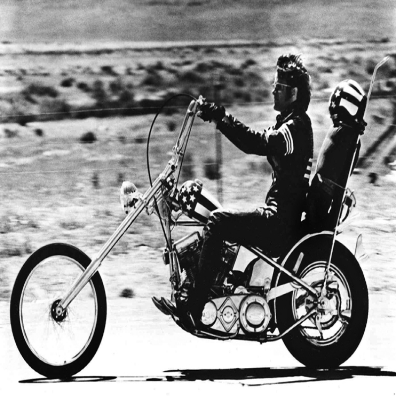 Holy Mackerel Easyrider retro black and white photographic card featuring a vintage image of a motorbike still from the movie - 12.6 x 17.7cm and blank inside