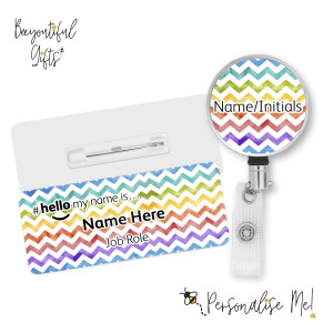 #hello my name is... Name Badge & Metal ID Reel - Watercolour Rainbow Zig Zags