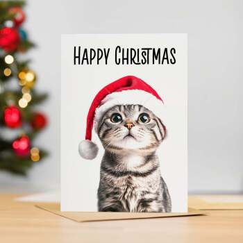Fun Christmas Card of a Scotish Fold Cat Wearing A Santa Hat Whimsical Christmas Card For Animal Lover For Him or Her