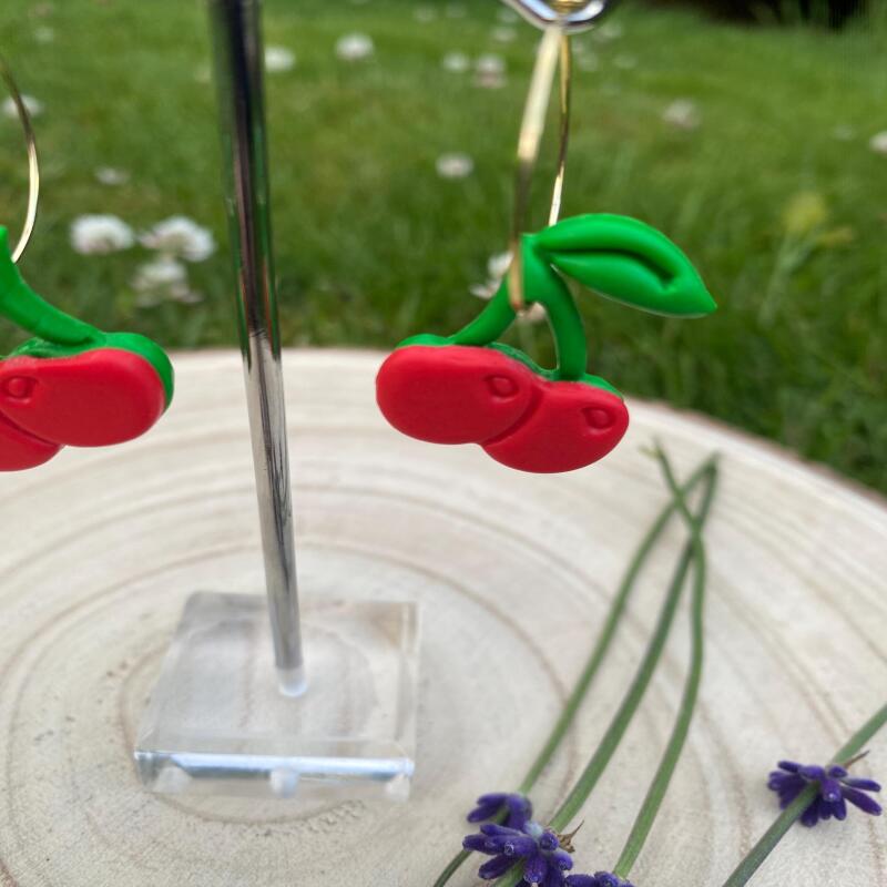 Handmade Polymer Clay Cherry Hoop Earrings: Rockabilly Style - silver