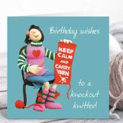 Knockout knitter birthday card for her - designed by Erica Sturla - 15cm square and blank inside, made in the UK