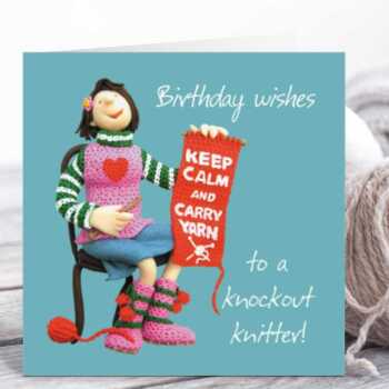 Knockout knitter birthday card for her - designed by Erica Sturla - 15cm square and blank inside, made in the UK
