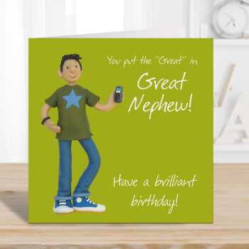 Great Nephew birthday card for him - designed by Erica Sturla - 15cm square and blank inside, made in the UK