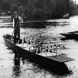 Holy Mackerel swans aboard retro black and white photographic card featuring a vintage image of birds being transported by punt - 12.6 x 17.7cm and blank inside