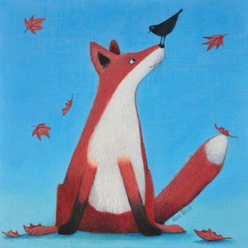 Holy Mackerel foxy tales fox and blackbird themed art card for him or her - designed by artist Ailsa Black - 15cm square and blank inside for your message