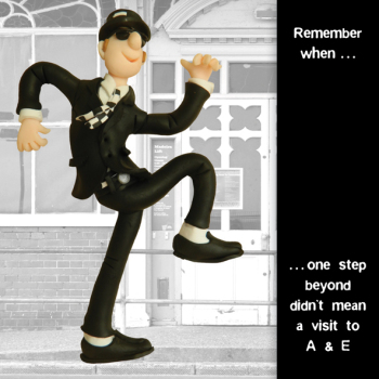 Holy Mackerel one step beyond birthday card featuring a ska character dressed in two tone - designed by artist Erica Sturla - 15cm square and blank inside for your message - made in the UK