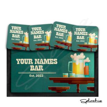 Personalised Bar Runner Mat, Custom Beer Mats & 4 x Drinks Coasters Gift Set Garden Bar Sets / Personalised Mats Home Bar Western Bar Mat