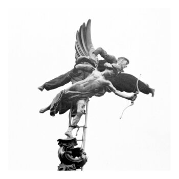 Holy Mackerel Eros retro black and white photographic card featuring a vintage image of the London landmark - 15cm square and blank inside