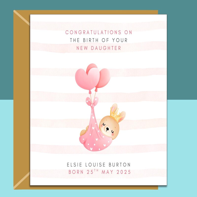 Your New Baby daughter Congratulations Card - Personalised - Perfect for new mum, mom, new dad, new parents - Customised Name Card - Blank inside - Regular - Matte