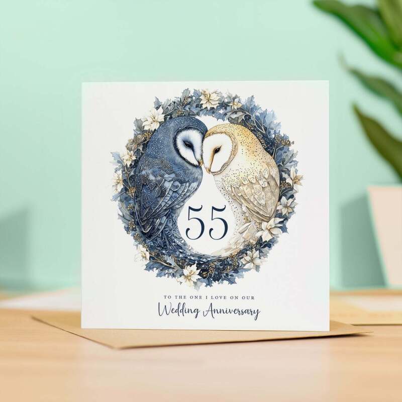 55th Wedding Anniversary Card Pretty Owl Design 55 Year Anniversary Emerald Wedding Anniversary Card - Square (5.5x5.5) / Blank Inside