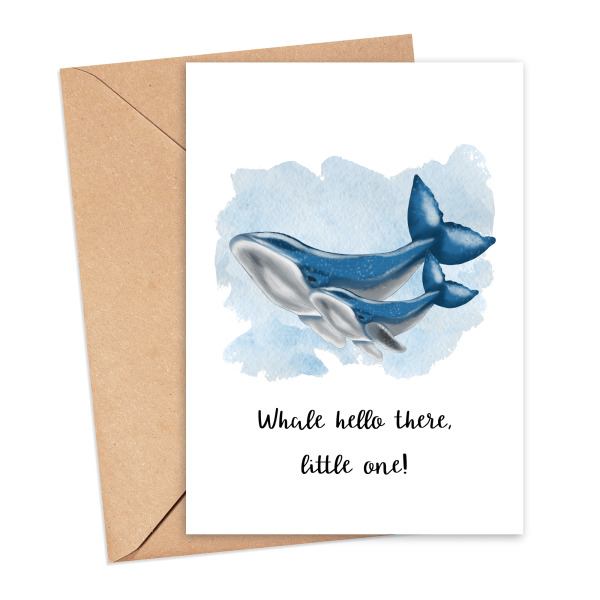 New Baby Card - Whale Hello There Little One - Small (Approx. A6 | 105mm x 148mm | 4.1in x 5.8in) - Standard Smooth Card