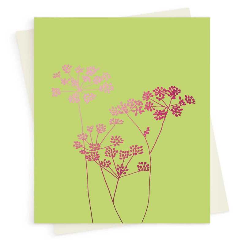 Fennel blank card with a pretty pink foil print - designed by artist Eloise Hall - 15.7 x 11cm and blank inside
