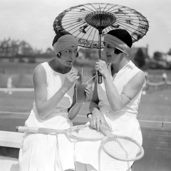 Holy Mackerel a break between sets retro black and white photographic card featuring a vintage image of tennis players stopping for lemonade - 15cm square and blank inside