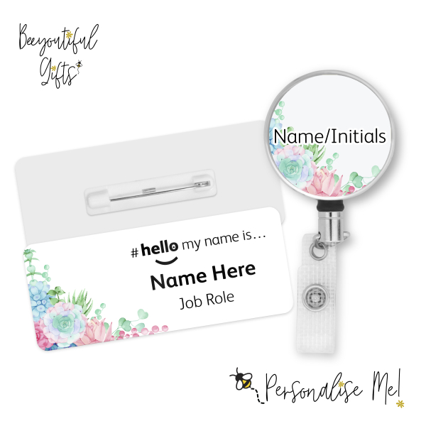 #hello my name is... Name Badge & Metal ID Reel - Watercolour Succulent Corner