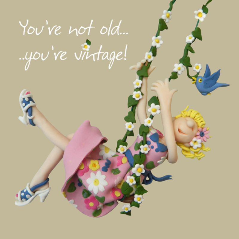 Holy Mackerel not old but vintage female birthday card for her - designed by artist Erica Sturla - 15cm square and blank inside for your message - made in the UK
