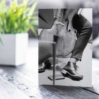 Cellist - vintage black and white themed card featuring a cello being played - 12.6 x 17.7cm and blank inside - made in the UK